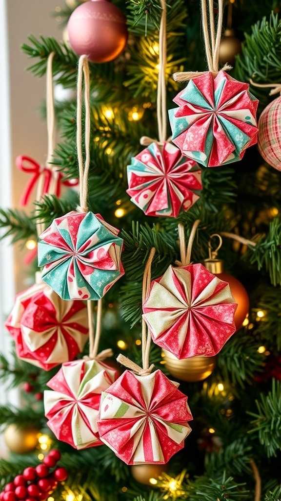 Colorful DIY yo-yo ornaments on a Christmas tree with lights and decorations.